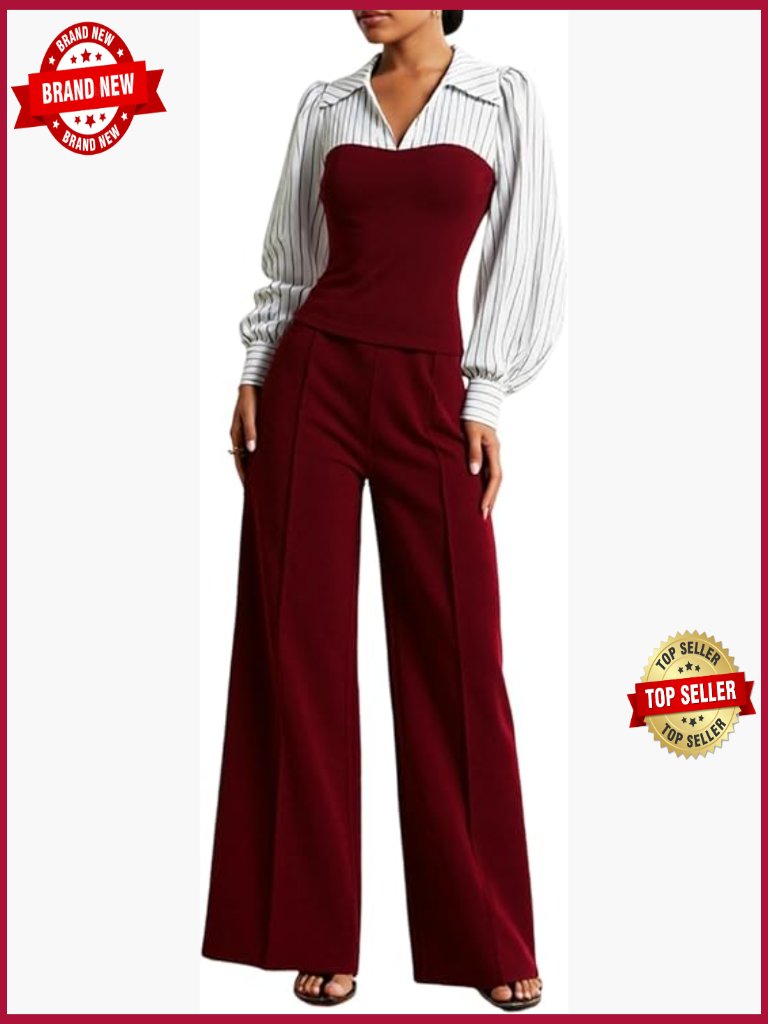 V Neck Long Sleeve Top And Wide Leg Pants Set With Pockets, Casual